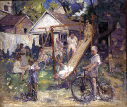 Fred Wagner painting of Children in backyard